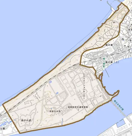 大字奈多とその周辺の地図。町の範囲を重ねている