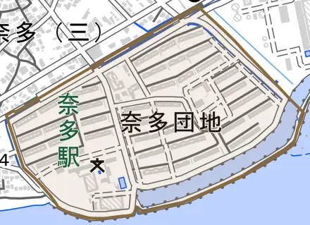 奈多団地とその周辺の地図。町の範囲を重ねている