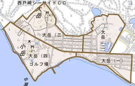 大岳とその周辺の地図。町の範囲を重ねている