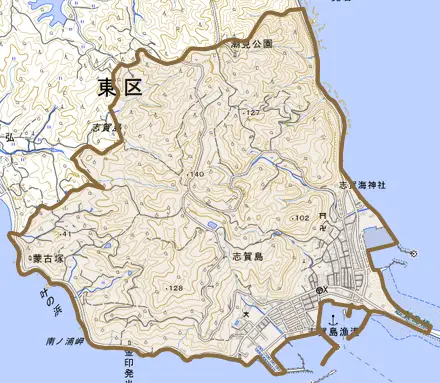 大字志賀島とその周辺の地図。町の範囲を重ねている