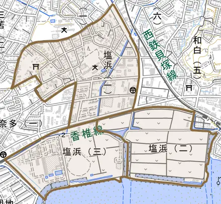 塩浜とその周辺の地図。町の範囲を重ねている
