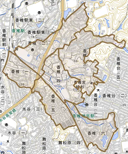香椎とその周辺の地図。町の範囲を重ねている