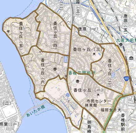 香住ヶ丘とその周辺の地図。町の範囲を重ねている