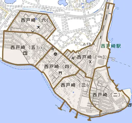 西戸崎とその周辺の地図。町の範囲を重ねている