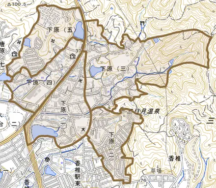 下原とその周辺の地図。町の範囲を重ねている