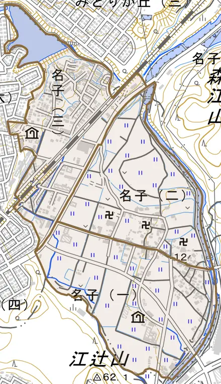 名子とその周辺の地図。町の範囲を重ねている