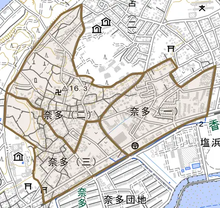 奈多とその周辺の地図。町の範囲を重ねている