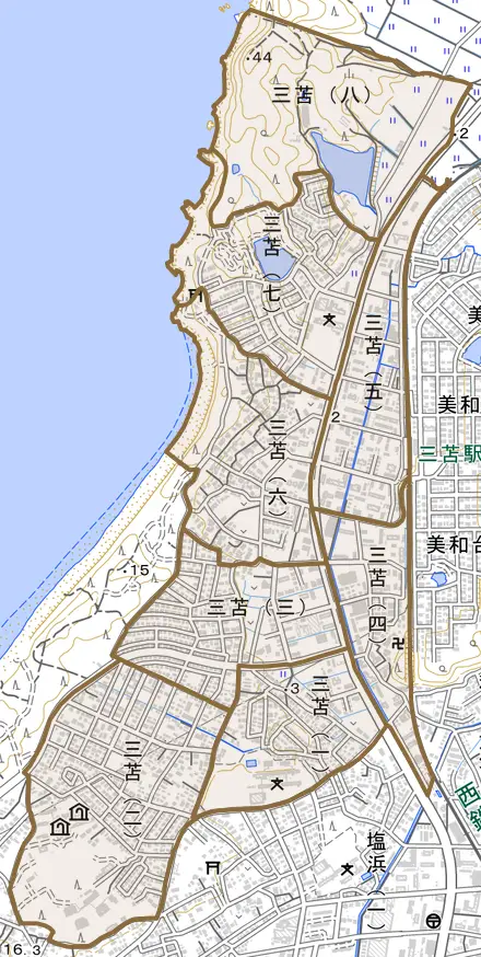 三苫とその周辺の地図。町の範囲を重ねている