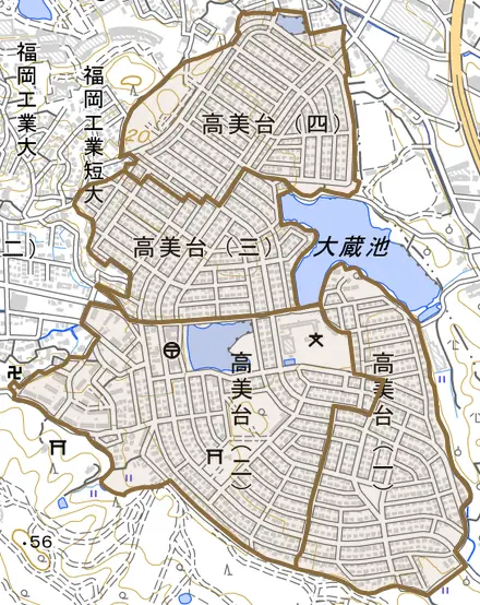 高美台とその周辺の地図。町の範囲を重ねている