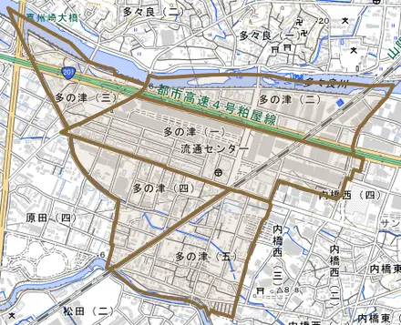 多の津とその周辺の地図。町の範囲を重ねている