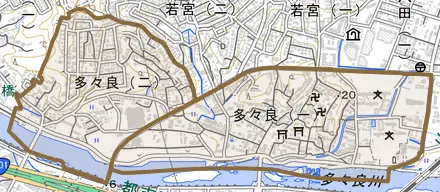 多々良とその周辺の地図。町の範囲を重ねている