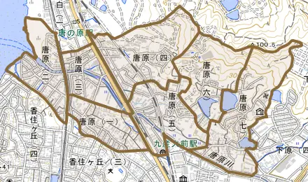 唐原とその周辺の地図。町の範囲を重ねている