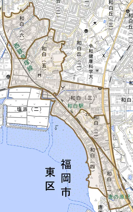 和白とその周辺の地図。町の範囲を重ねている