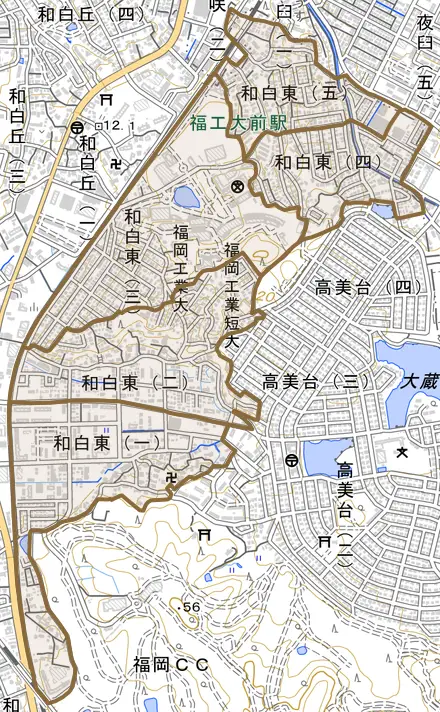 和白東とその周辺の地図。町の範囲を重ねている