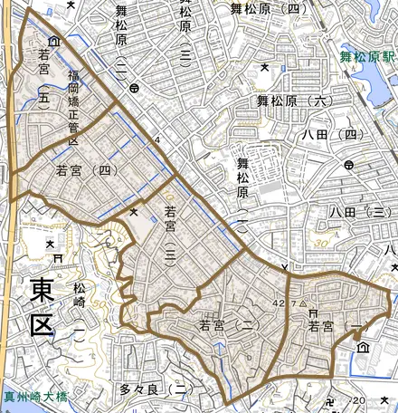 若宮とその周辺の地図。町の範囲を重ねている