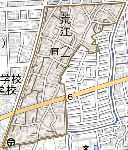 荒江とその周辺の地図。町の範囲を重ねている