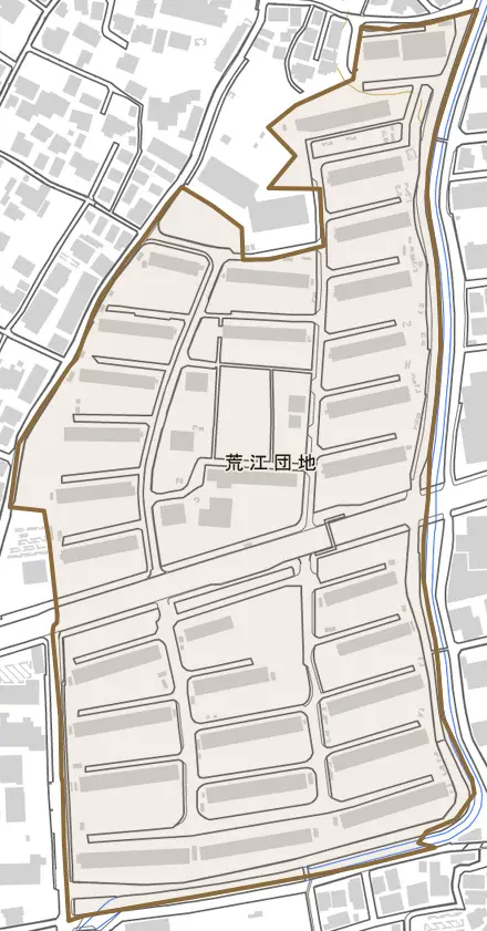 荒江団地とその周辺の地図。町の範囲を重ねている