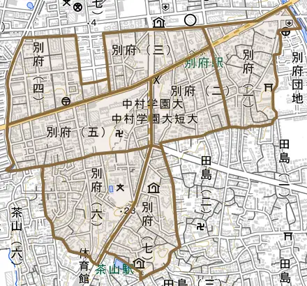 別府とその周辺の地図。町の範囲を重ねている