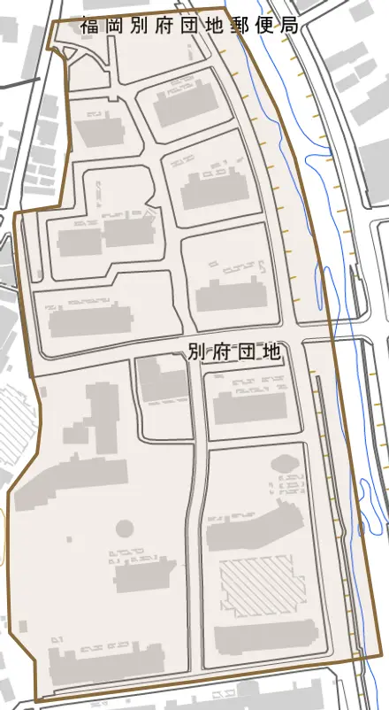 別府団地とその周辺の地図。町の範囲を重ねている
