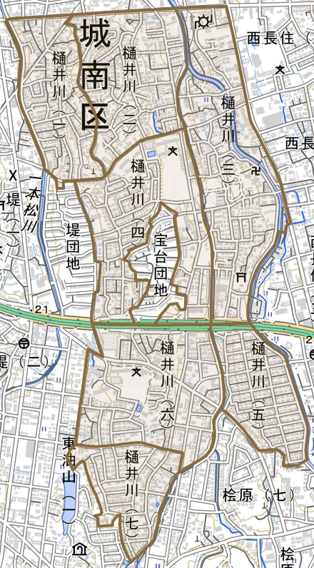 樋井川とその周辺の地図。町の範囲を重ねている