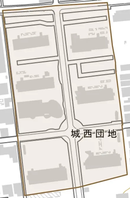 城西団地とその周辺の地図。町の範囲を重ねている