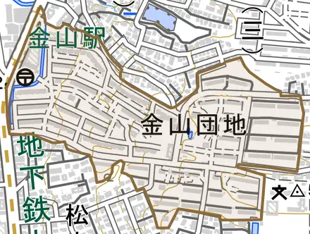 金山団地とその周辺の地図。町の範囲を重ねている