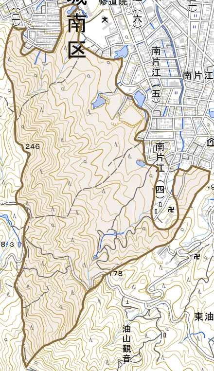 大字片江とその周辺の地図。町の範囲を重ねている