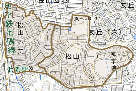 松山とその周辺の地図。町の範囲を重ねている