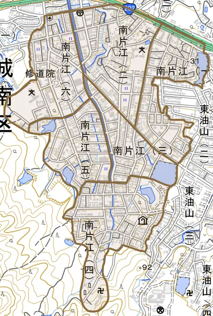 南片江とその周辺の地図。町の範囲を重ねている
