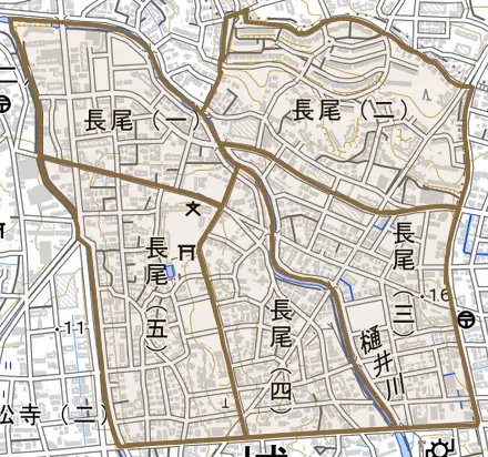 長尾とその周辺の地図。町の範囲を重ねている