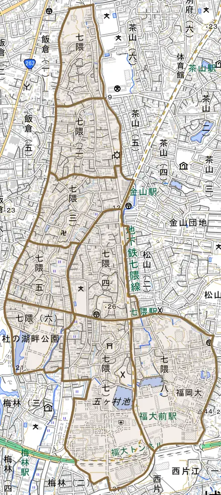 七隈とその周辺の地図。町の範囲を重ねている