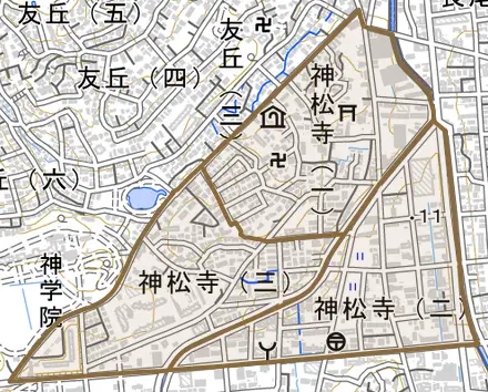 神松寺とその周辺の地図。町の範囲を重ねている