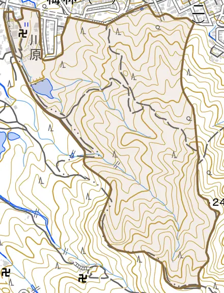 大字梅林とその周辺の地図。町の範囲を重ねている