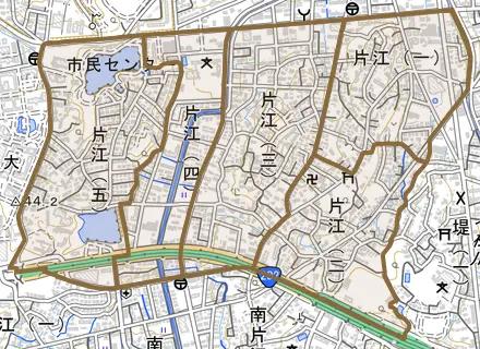 片江とその周辺の地図。町の範囲を重ねている
