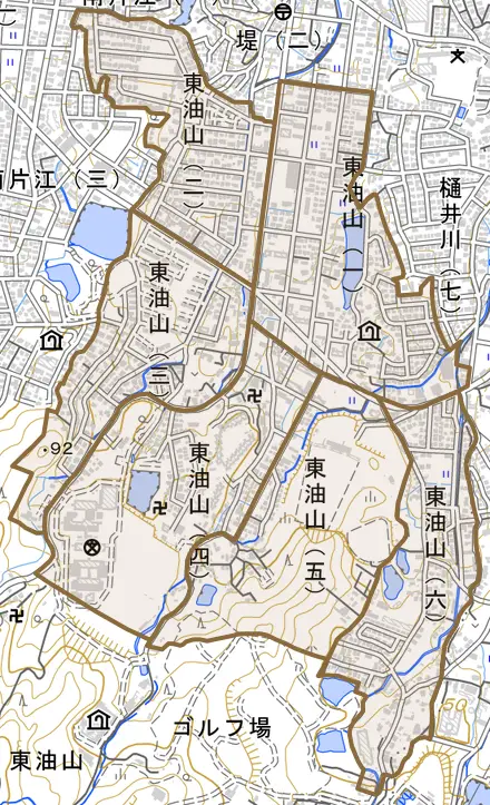 東油山とその周辺の地図。町の範囲を重ねている