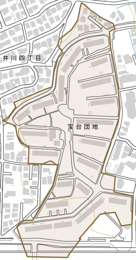 宝台団地とその周辺の地図。町の範囲を重ねている