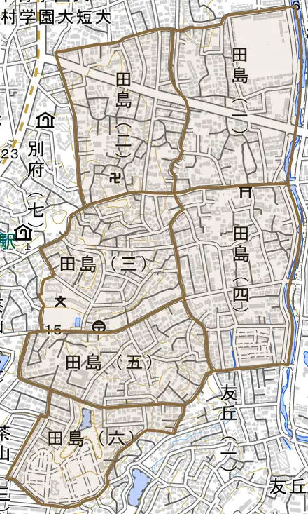 田島とその周辺の地図。町の範囲を重ねている