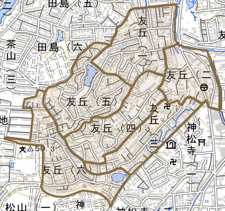 友丘とその周辺の地図。町の範囲を重ねている