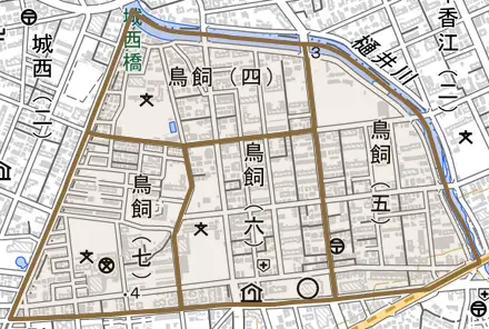 鳥飼とその周辺の地図。町の範囲を重ねている