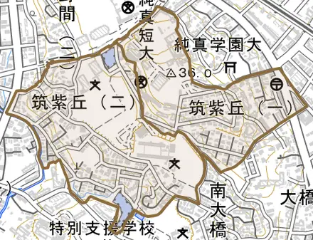筑紫丘とその周辺の地図。町の範囲を重ねている