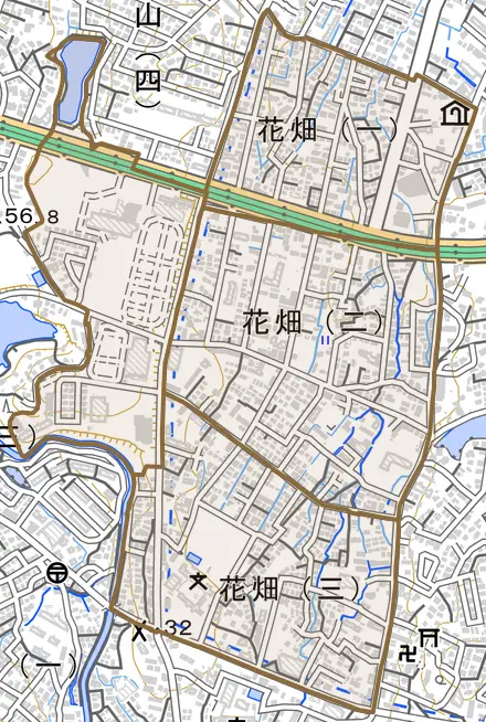 花畑とその周辺の地図。町の範囲を重ねている