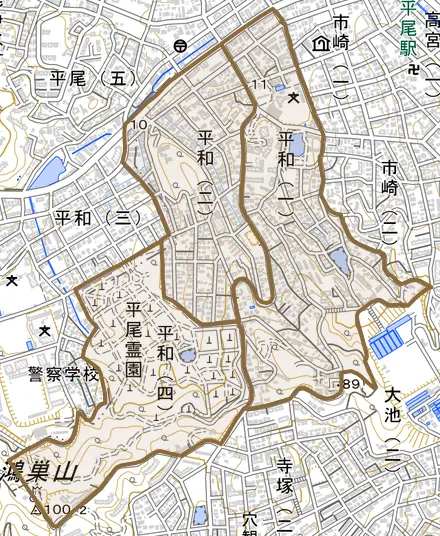 平和とその周辺の地図。町の範囲を重ねている