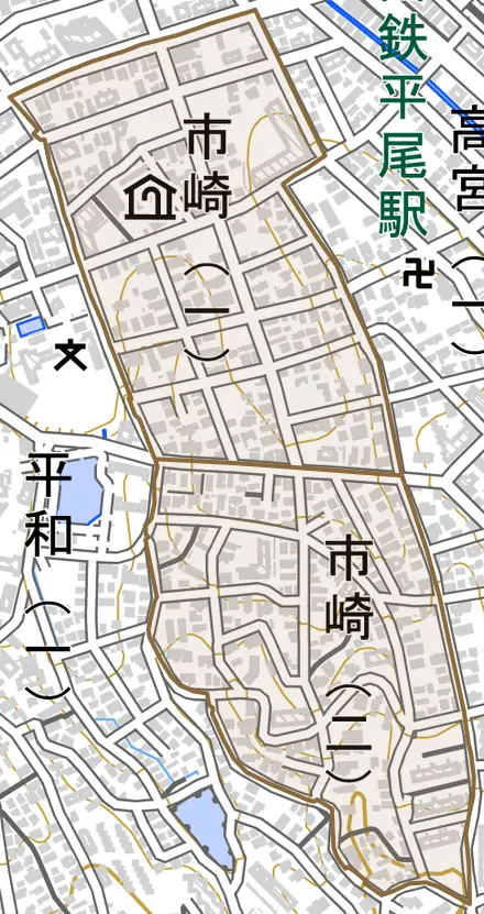 市崎とその周辺の地図。町の範囲を重ねている