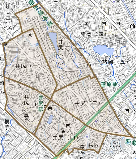 井尻とその周辺の地図。町の範囲を重ねている