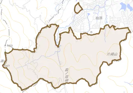 大字柏原とその周辺の地図。町の範囲を重ねている