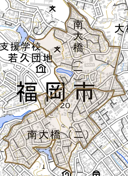 南大橋とその周辺の地図。町の範囲を重ねている