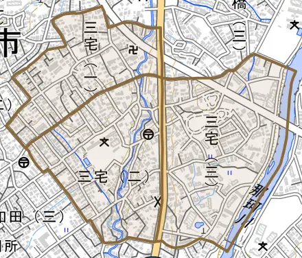 三宅とその周辺の地図。町の範囲を重ねている