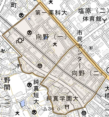 向野とその周辺の地図。町の範囲を重ねている