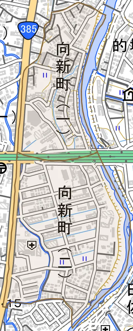 向新町とその周辺の地図。町の範囲を重ねている