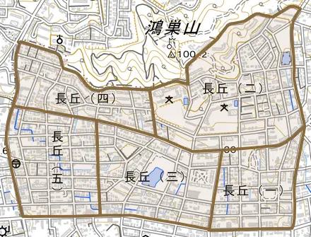 長丘とその周辺の地図。町の範囲を重ねている